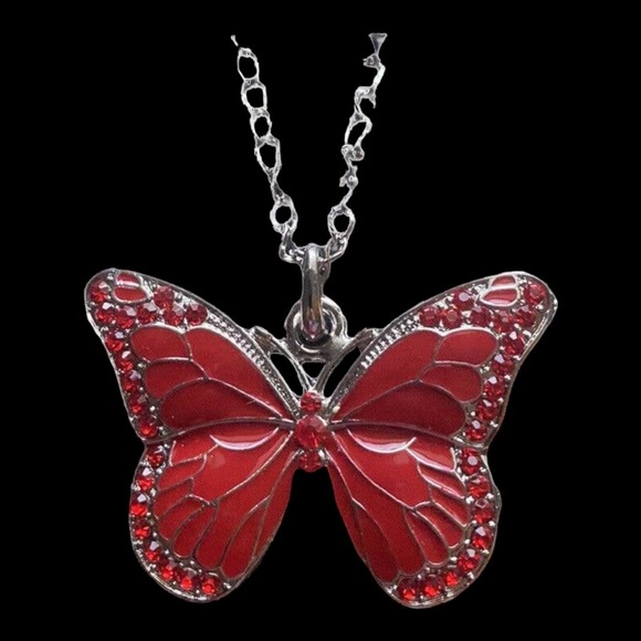 Silver Red Crystal Rhinestone Cubic Zirconia CZ Gemstone Butterfly Necklace - Picture 3 of 5